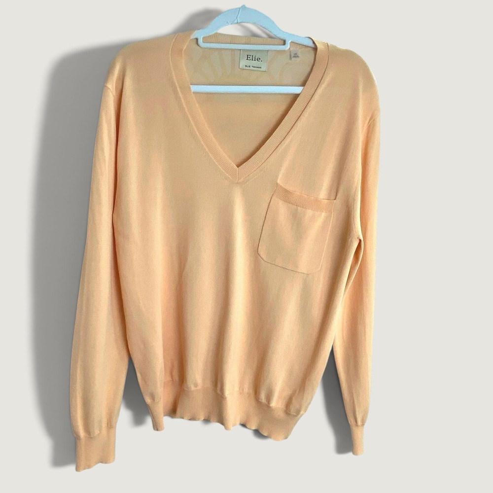 Elie Tahari Peach V Neck Fine Knit Pullover Sweater Pocket Women's Large